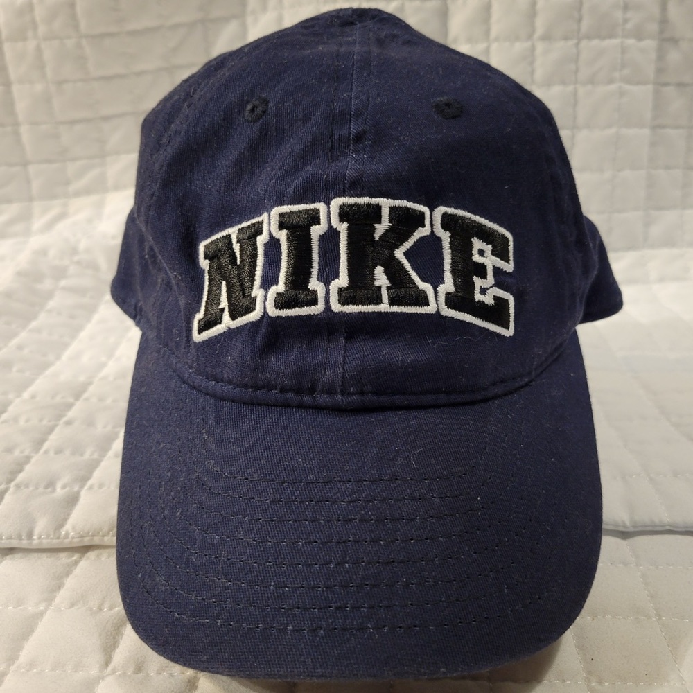 Nike Dark Navy Blue Hat Black Text White Outline Swoosh Sporty Athletic Casual